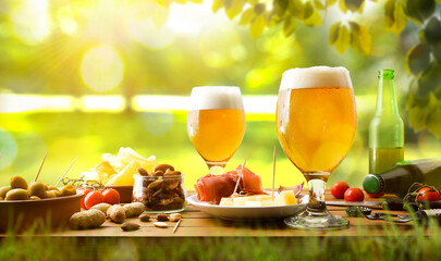 Freshly prepared snacks and glasses of beer in nature