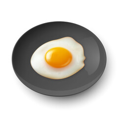Vector 3d Realistic Black Plate, Dish with Fried Egg, Omelet Inside Isolated on White Background. Healthy Breakfast, Protein Food, Diet Meal Concept. Design Template, Mockup. Top, Side View