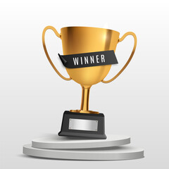 Winner banner. Gold realistic trophy cup with podium. Vector award nomination background.