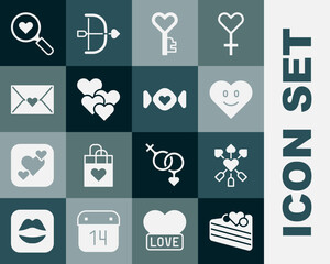 Set Wedding cake, Amour with heart and arrow, Heart, Key shape, Envelope Valentine, Search love and Candy icon. Vector