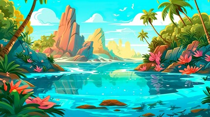 Abstract background tropical island. The serenity of nature with a captivating banner design showcasing a tropical island surrounded by clear blue water of ocean. Generative AI.