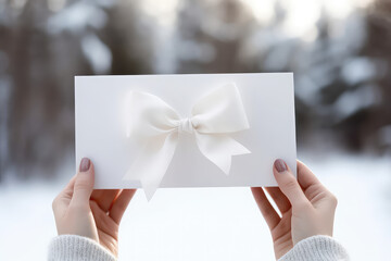 White empty blank paper with a beautiful elegant silk light colored ribbon gift bow. Gift...