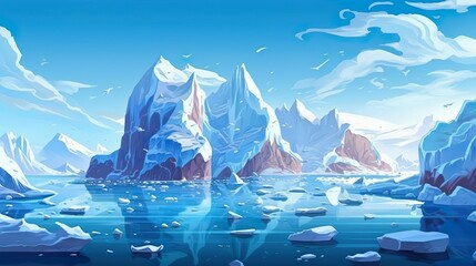 Abstract background glaciers and icebergs. Visually appealing banner showcasing portrayal of nature's glaciers and icebergs set against blue natural background. Generative AI.