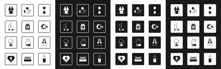 Set Dumbbell, Energy drink, Sport boxing shoes, Boxing jersey and t-shirt, Punch glove, expander and icon. Vector