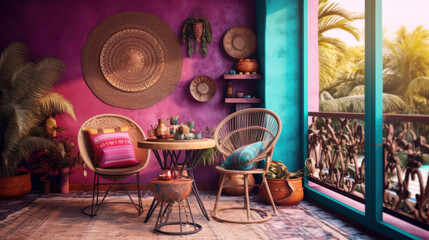 Fototapeta na wymiar charming balcony with chair table and purple wall 