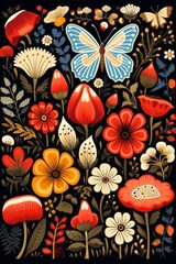 Illustration of a vibrant floral painting with colorful butterflies on a dark background created with Generative AI technology