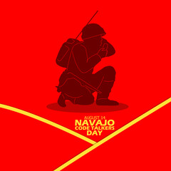 Illustration of a war soldier sending a code with his radio, with bold text and yellow lines on red background to commemorate Navajo Code Talkers Day on August 14 - obrazy, fototapety, plakaty