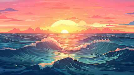 Hand-painted cartoon beautiful illustration of the sea scenery under the sunset
