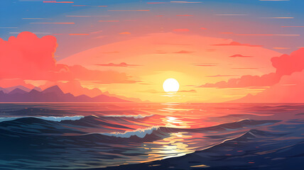Hand-painted cartoon beautiful illustration of the sea scenery under the sunset