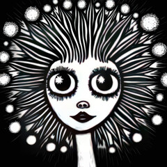Abstract big eyed magical cosmic quirky women face digital painting illustration. Fashionable monochrome portrait. Stylish contemporary artwork, minimal, modern trendy print