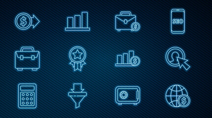 Set line Earth globe with dollar, User of man in business suit, Briefcase and money, Medal star, Coin, Pie chart infographic and icon. Vector