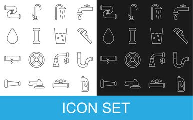 Set line Container with drain cleaner, Industry metallic pipe, Pipe adjustable wrench, Shower, Water drop, and Glass water icon. Vector