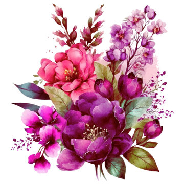 Viva magenta Flower bouquet, vibrant pink floral arrangement watercolor illustration isolated with a transparent background, vibrant fuchsia blossom flowers design created with Generative AI