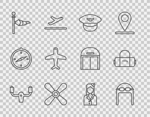 Set line Aircraft steering helm, Aviator hat with goggles, Pilot, Plane propeller, Cone meteorology windsock wind vane, Stewardess and Suitcase icon. Vector - obrazy, fototapety, plakaty