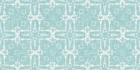 Aqua teal blue white vibrant watercolor batik azulejos tile border banner background. Seamless coastal blur linen effect geometric mosaic effect.Boho Patchwork nautical masculine summer ribbon trim. 