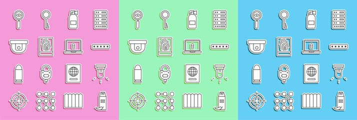 Set line Pepper spray, Motion sensor, Password protection, Fire extinguisher, Fingerprint, Magnifying glass Search and Laptop and lock icon. Vector