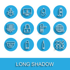 Fototapeta premium Set line Motion sensor, Bullet, System bug concept, Graphic password protection, Lock, Social network and Door handle icon. Vector