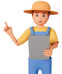 Farmer in overalls holding tablet and pointing with finger to the side 3d illustration