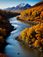 Flat autumn river in Kodachrome colors.