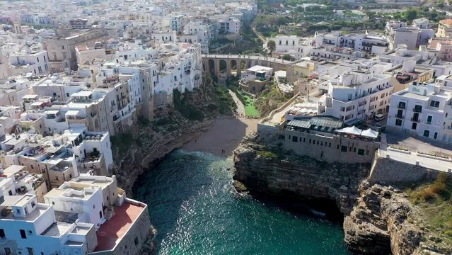 Spectacular cityscape of Polignano a Mare town, Puglia region, Italy, Europe. Polignano Al Mare, scenic small town in Puglia, Italy. Polignano a Mare village on the rocks, Bari, Apulia, Italy.