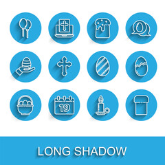 Set line Basket with easter eggs, Calendar Happy Easter, Balloons ribbon, Burning candle in candlestick, cake, Christian cross, Broken and icon. Vector