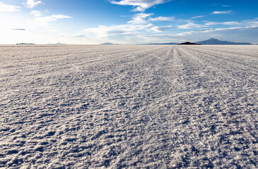 Driving on the biggest salt lake in the world, the Salar de Uyuni, with Isla Incahuasi in the distance - Bolivian Altiplano, South America