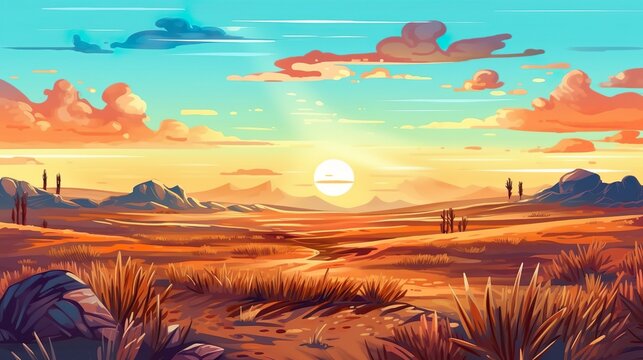 Abstract background steppe with spike. A captivating banner with a mesmerizing illustration of a golden sun shining over a picturesque steppe landscape. Generative AI.