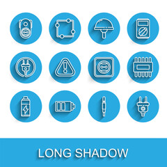 Set line Battery, charge level indicator, Electrical outlet, Audio jack, plug, Exclamation mark triangle, Processor with microcircuits CPU and icon. Vector