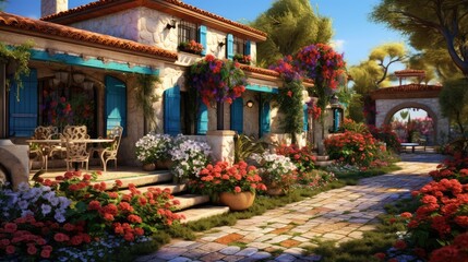 Fototapeta na wymiar A traditional Mediterranean style villa photo realistic illustration - Generative AI.