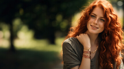 Naklejka premium Portrait of a woman with red hair, against a blurred park background