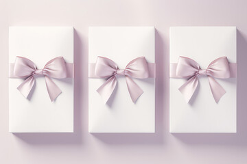 Three blank white letterhead cards with copy space with pink silk gift ribbon bows isolated on a light pastel background. Invitation and certificate template, top view.
