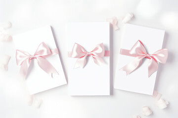 Three blank white letterhead cards with copy space with pink silk gift ribbon bows isolated on a light pastel background. Invitation and certificate template, top view.