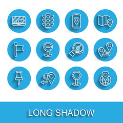 Set line Push pin, Route location, City map navigation, Road traffic sign, Location the globe, Stop, and Compass icon. Vector