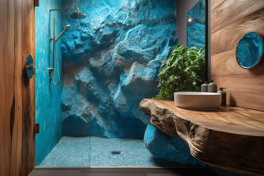 Dusche aus Naturmaterialien im blauen modernen Badezimmer