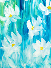 Abstract white flowers on blue, original hand drawn, impressionism style, color texture, brush strokes of paint, art background.