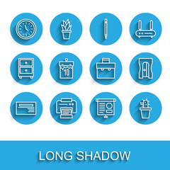 Set line Business card, Printer, Clock, Chalkboard with diagram, Cactus and succulent pot, Calendar, Pencil sharpener and Briefcase icon. Vector