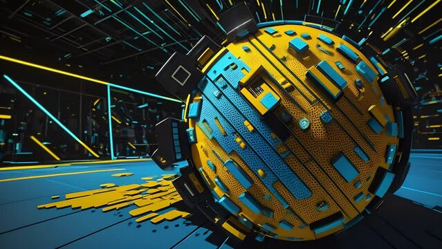Mix of blue and yellow abstract colours with large sphere, in the style of 3D