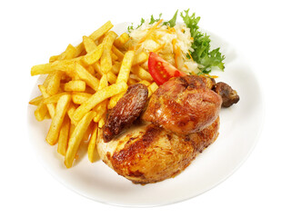 Grilled Chicken with French Fries and Coleslaw Salad - Transparent PNG Background