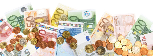 Euro Geldscheine; Banknoten und Münzen Panorama -Transparent PNG - 624833352