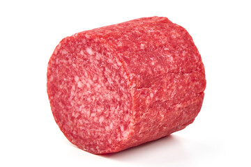Salami smoked sausage, Traditional dry-cured Milano salami, isolated on white background. High resolution image.