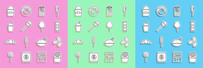 Obraz premium Set line Potatoes french fries in box, Chicken nuggets, Chocolate bar, Doner kebab, Lollipop, Milkshake, Popcorn and Cotton candy icon. Vector