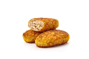 Fried cutlets in bread crumbs, isolated on the white background.