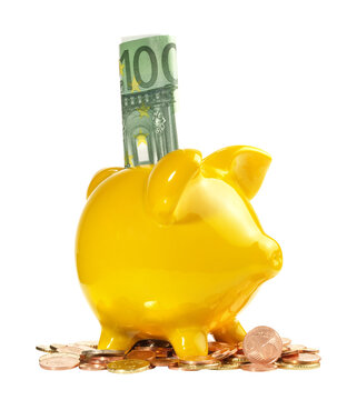 Yellow Piggy Bank with EURO Coins and Banknote on Transparent PNG Background
