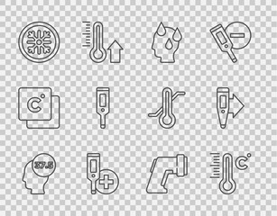 Set line High human body temperature, Meteorology thermometer, Digital, Snowflake, and icon. Vector