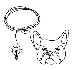 Silhouette of abstract bulldog with light bulb as line drawing on white background