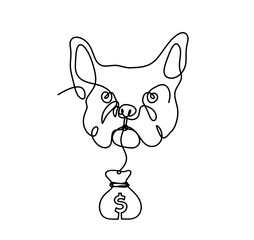 Silhouette of abstract bulldog with dollar as line drawing on white background