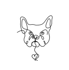 Silhouette of abstract bulldog with heart as line drawing on white background