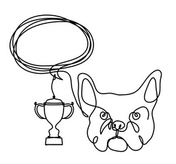 Silhouette of abstract bulldog with trophy as line drawing on white background