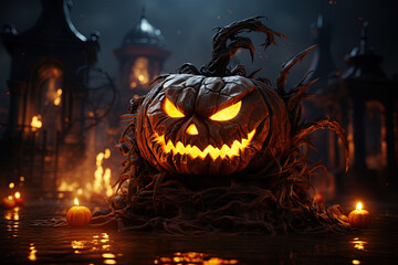 Halloween pumpkin Jack-o-lantern surrounded by burning candles with haunted mansion in the background. Ai Generative illustration