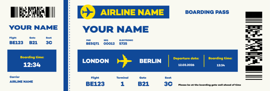 Blue low cost airline boarding pass template. Airplane ticket mock up includes all basic flight information like passenger name, gate, seat, date, time of flight etc. Vector illustration.